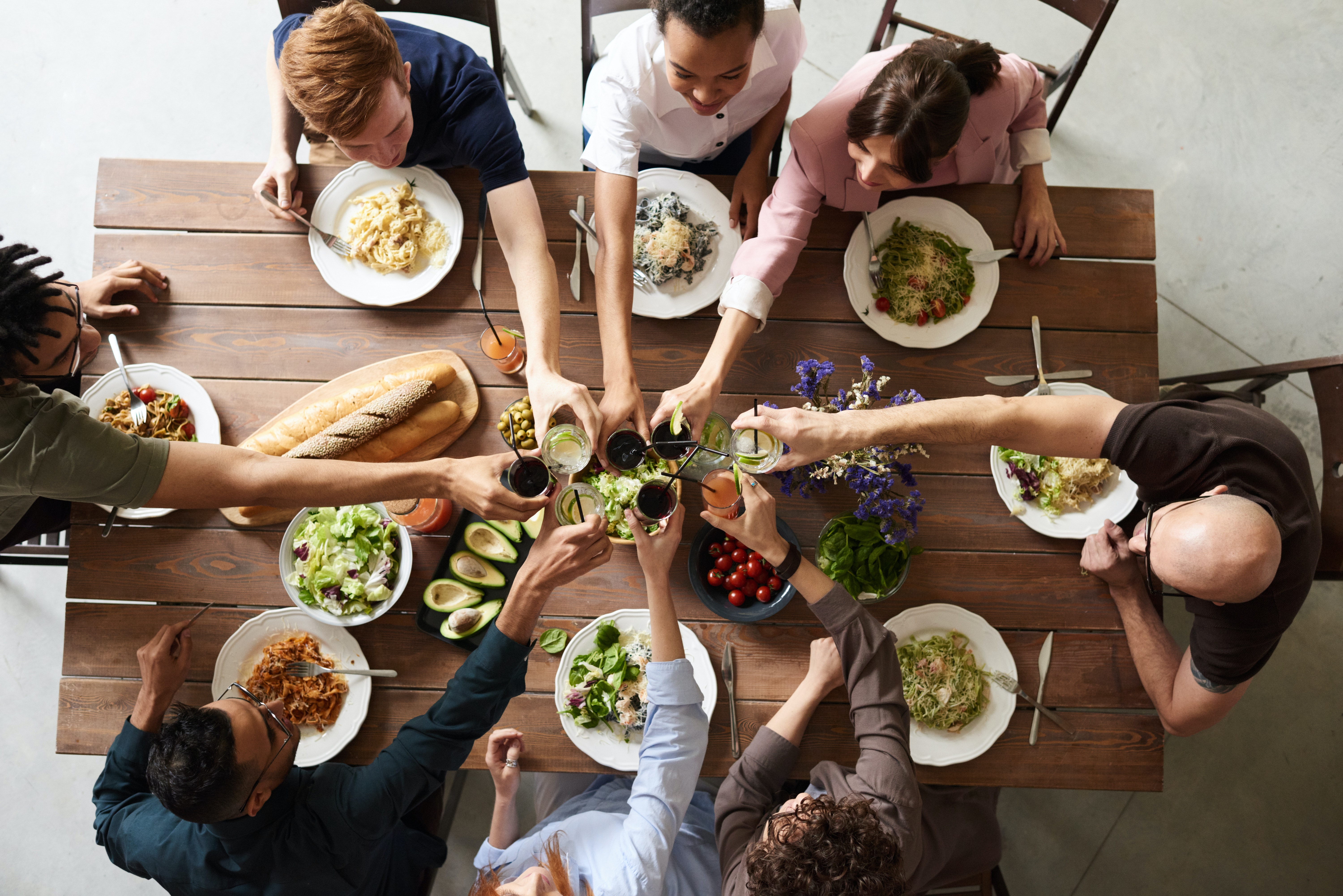 group eating vegan food